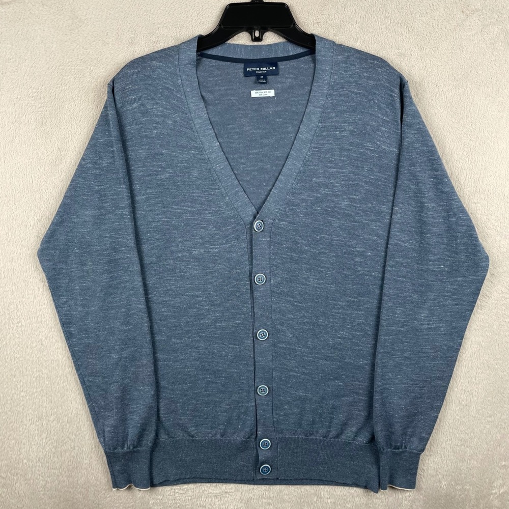 Peter Millar Cardigan Men Medium Blue Wool Silk Linen Blend V-Neck Sweater